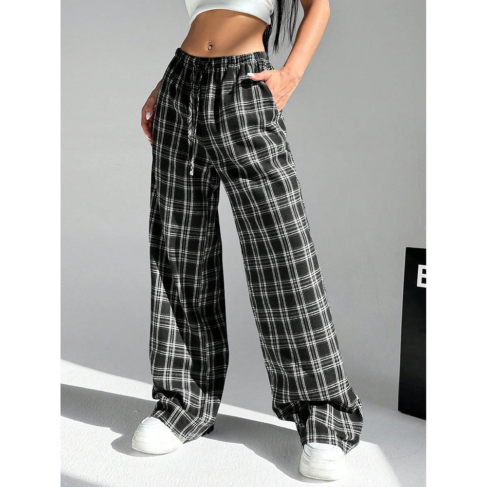 Gingham Check Wide Leg Casual Pants