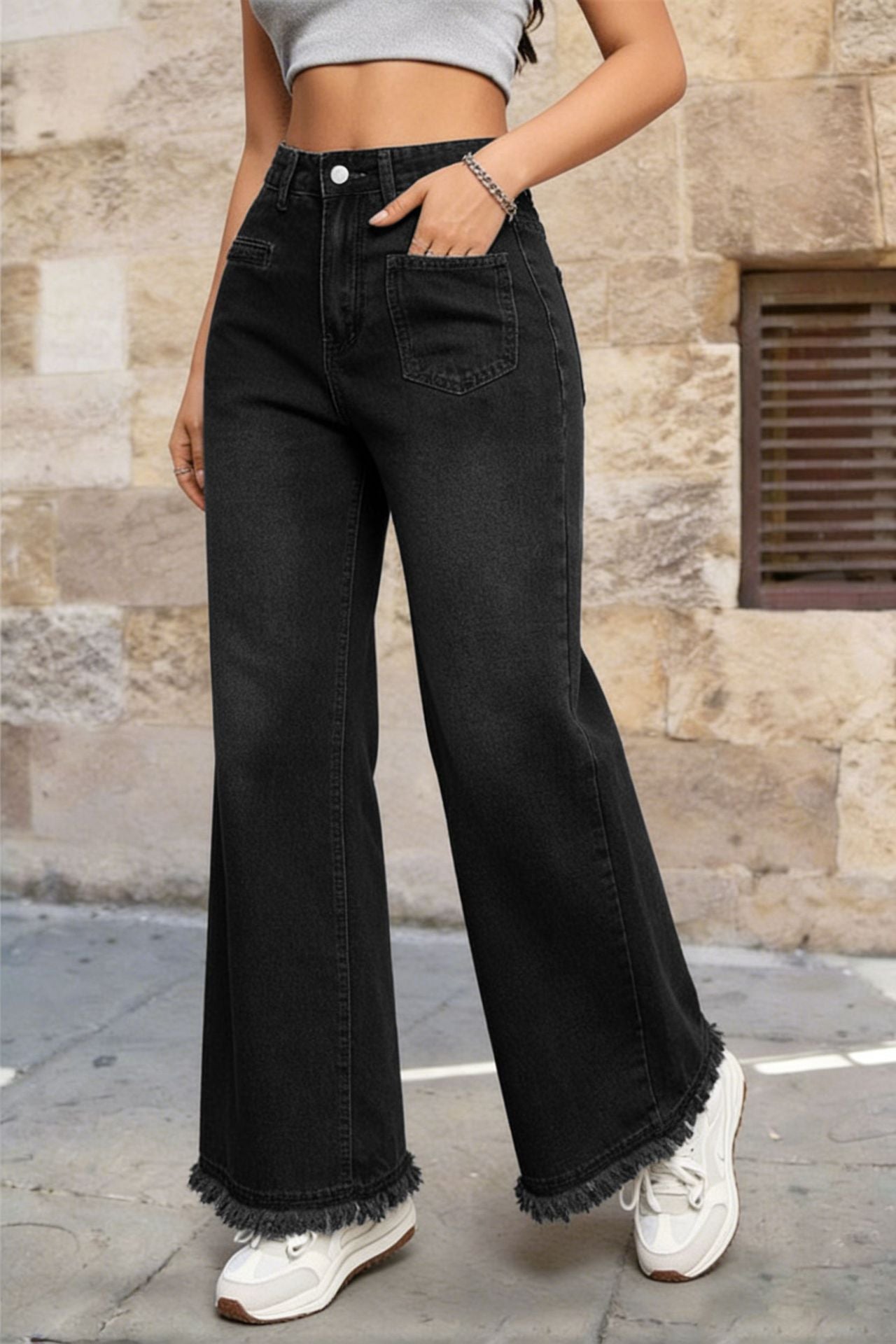 Washed Denim Jeans Vintage High Waist Wide Leg Fringe