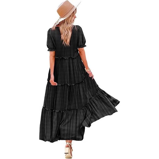 Floral Print Puff Sleeve Tiered Maxi Dress for Summer
