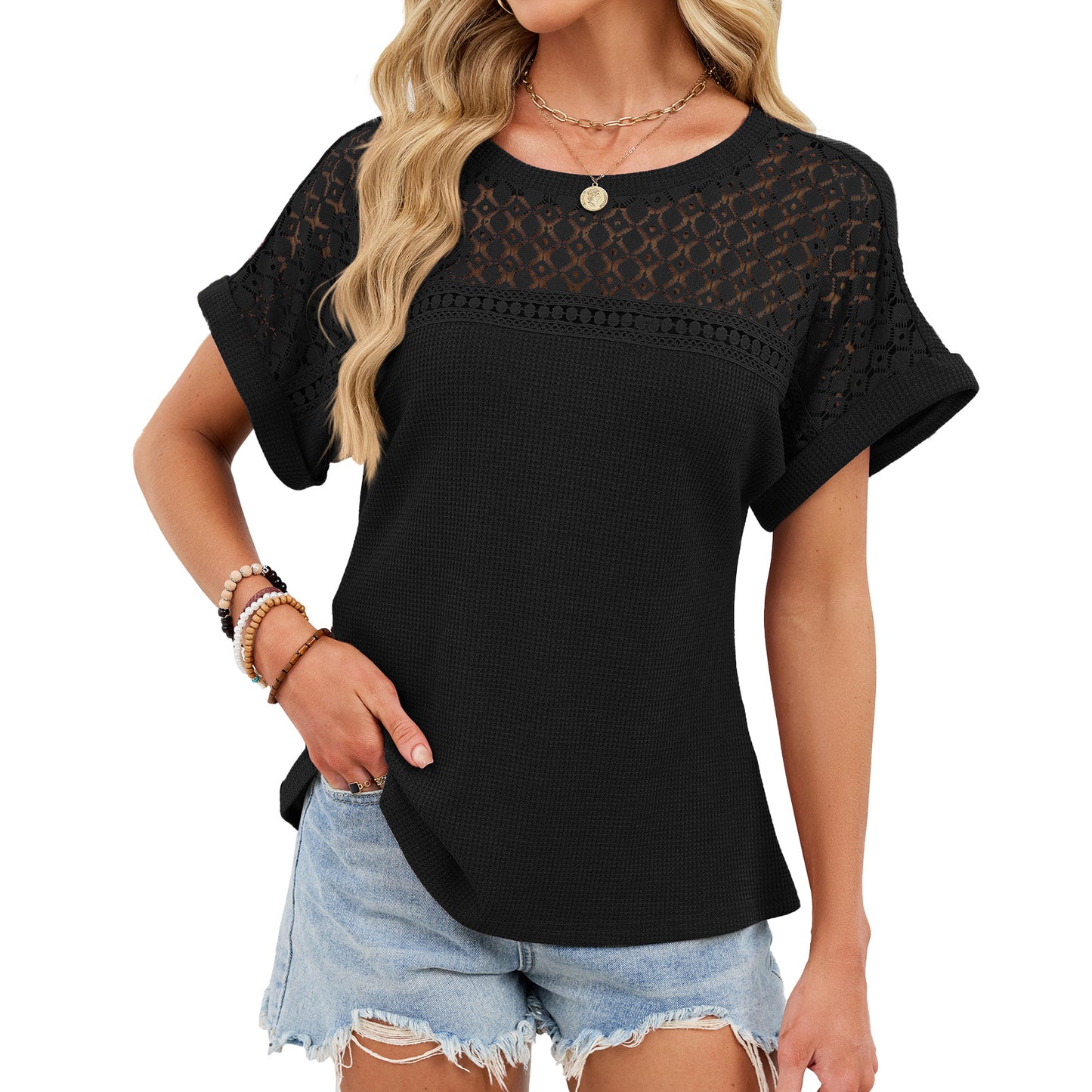 Lace Trim Relaxed Fit Short Sleeve T-Shirt for Women–Spring/Summer 2026