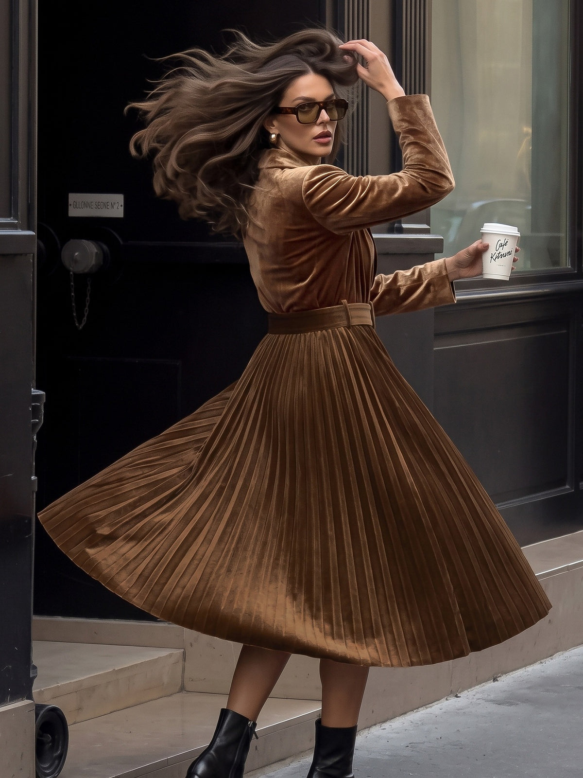 Velvet Pleated Midi Dress Long Sleeve Belted Lapel