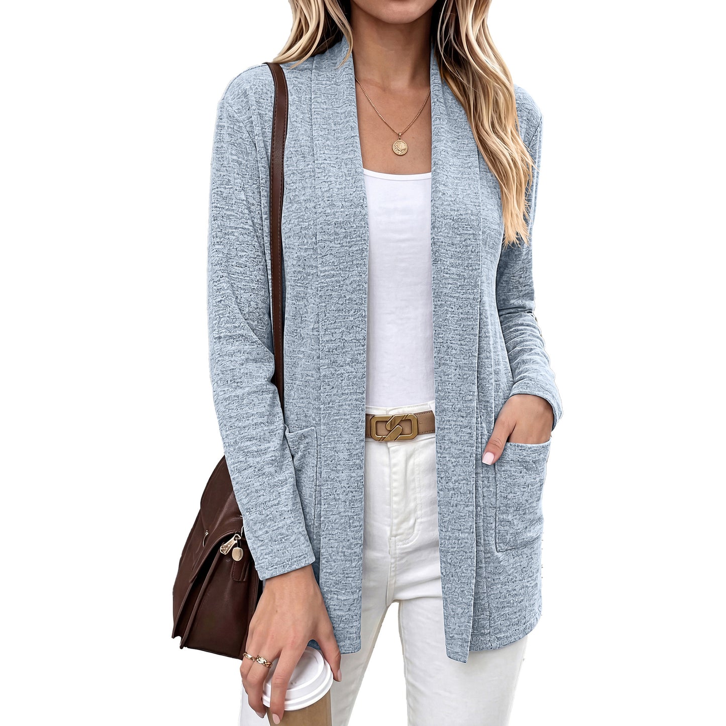 Open Front Pocket Long Sleeve Cardigan