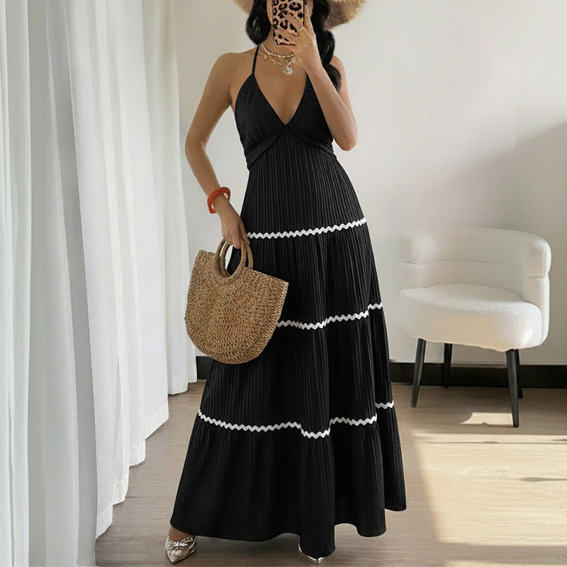 Halter Neck Pleated Maxi Dress Sleeveless A Line