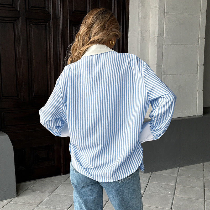 Blue White Striped Patchwork Button Down Shirt Women