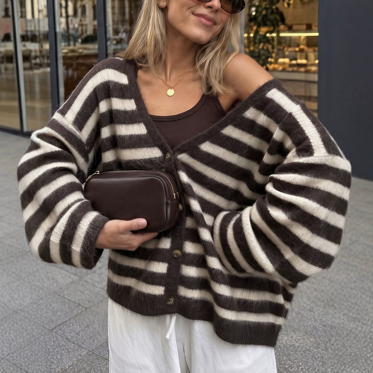 Women's Striped V-Neck Button Front Cardigan