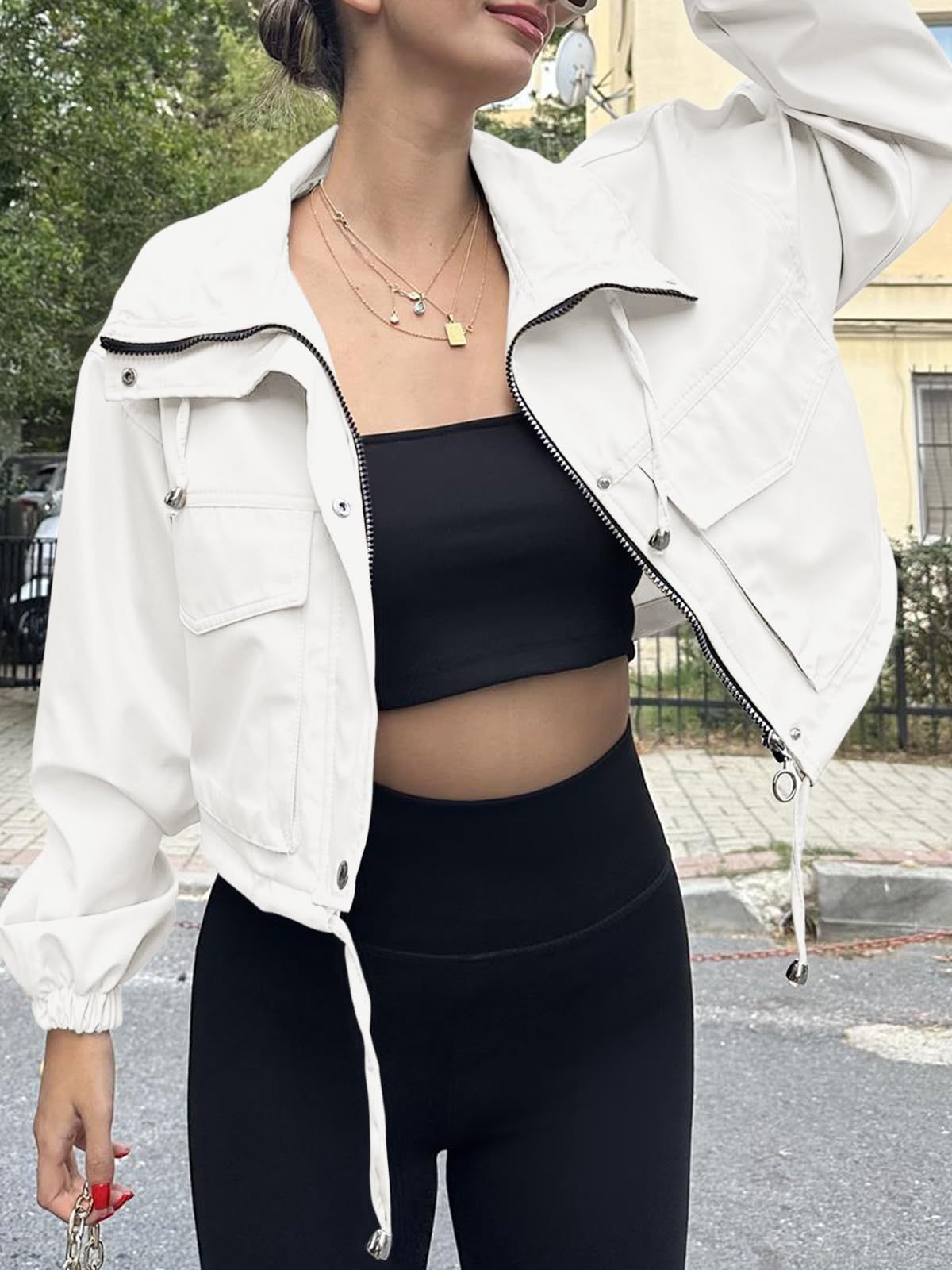 Solid Cropped Windbreaker Utility Jacket
