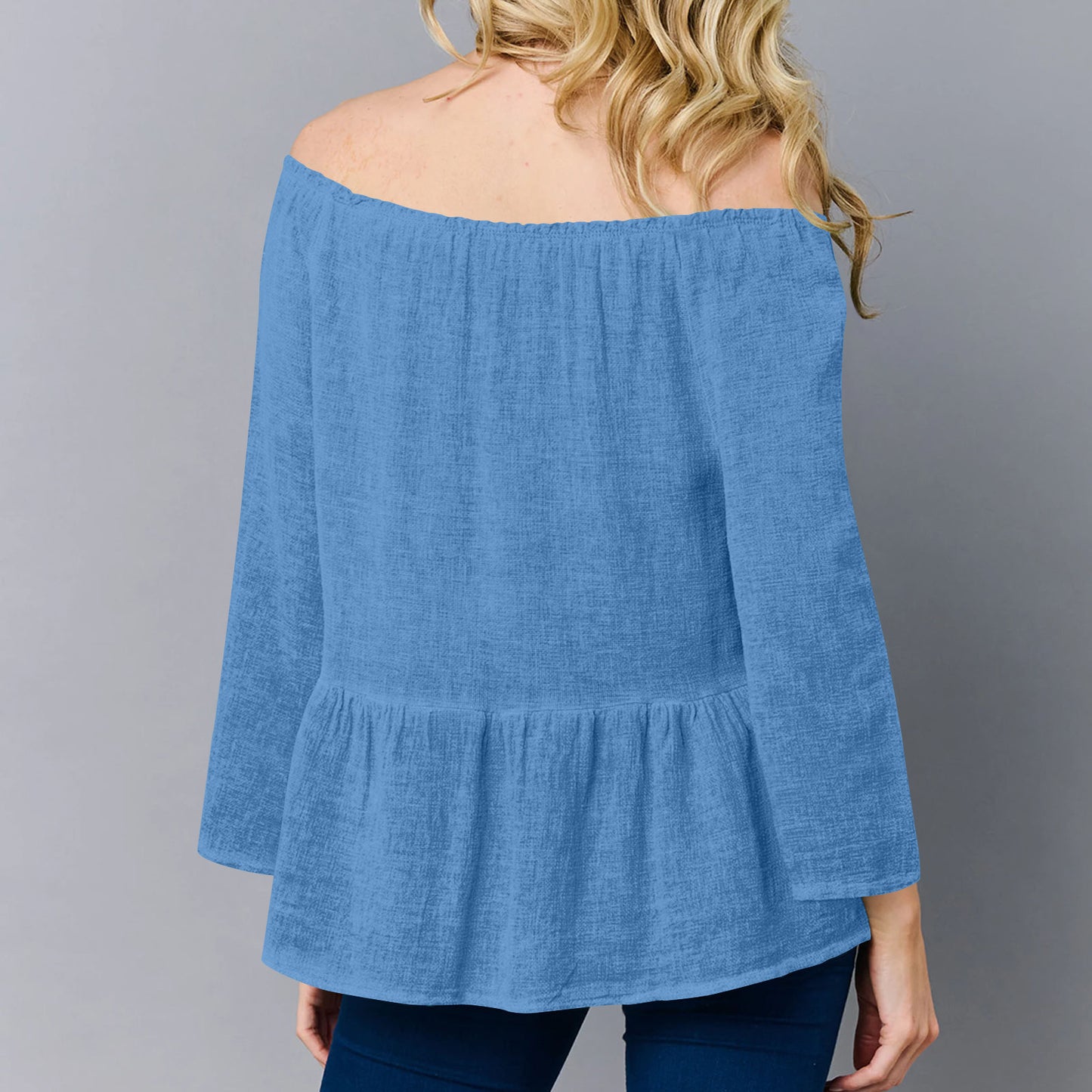Solid Linen Blend Blouse Boho Peplum Long Sleeve Top