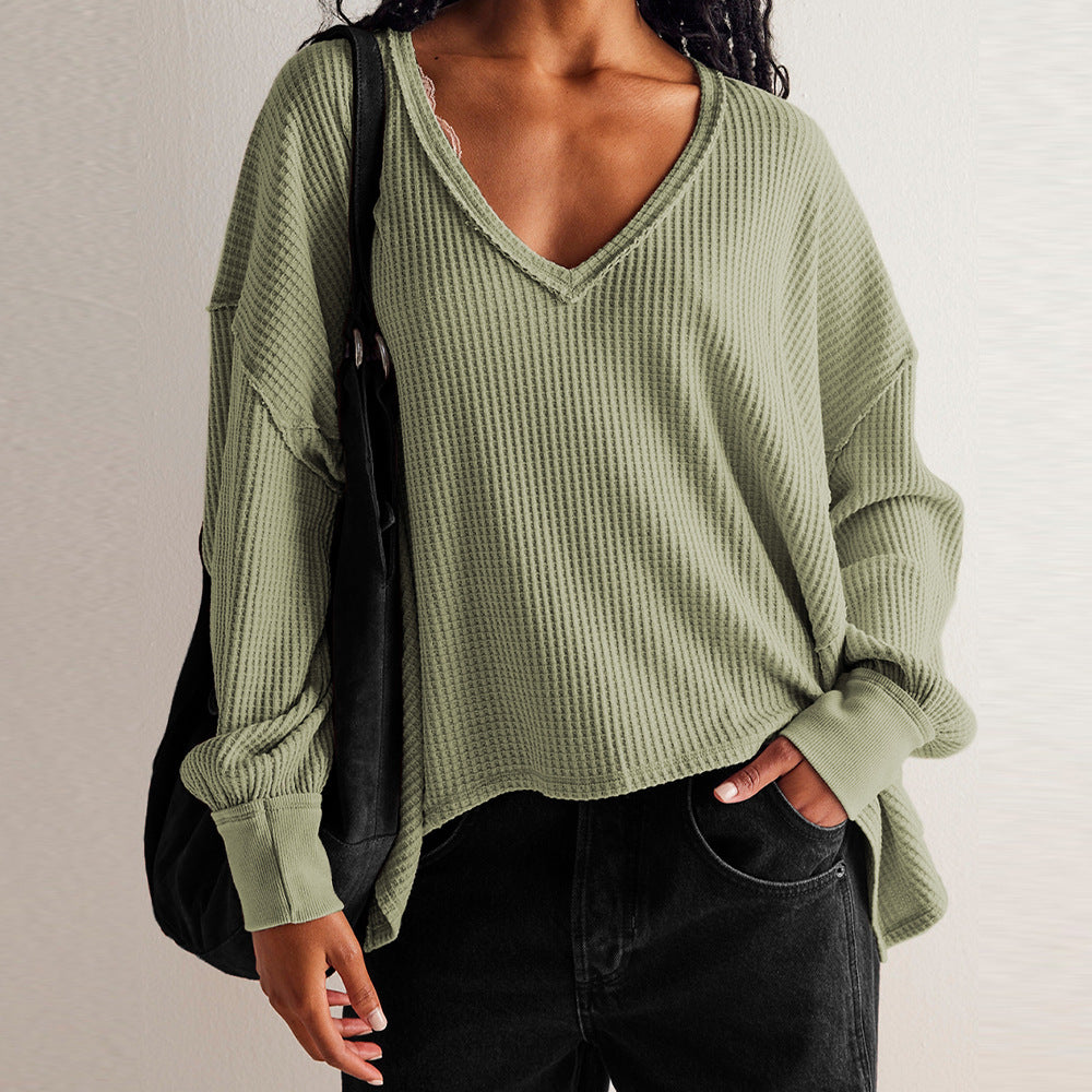 Women's Waffle V Neck Oversized Sweatshirt Casual Pullover