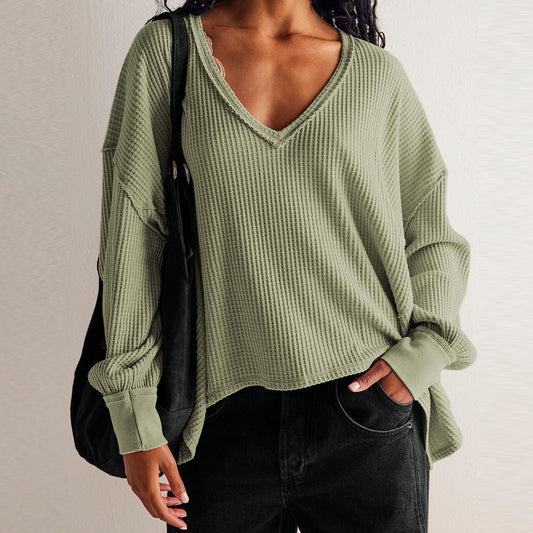 Women's Waffle V Neck Oversized Sweatshirt Casual Pullover