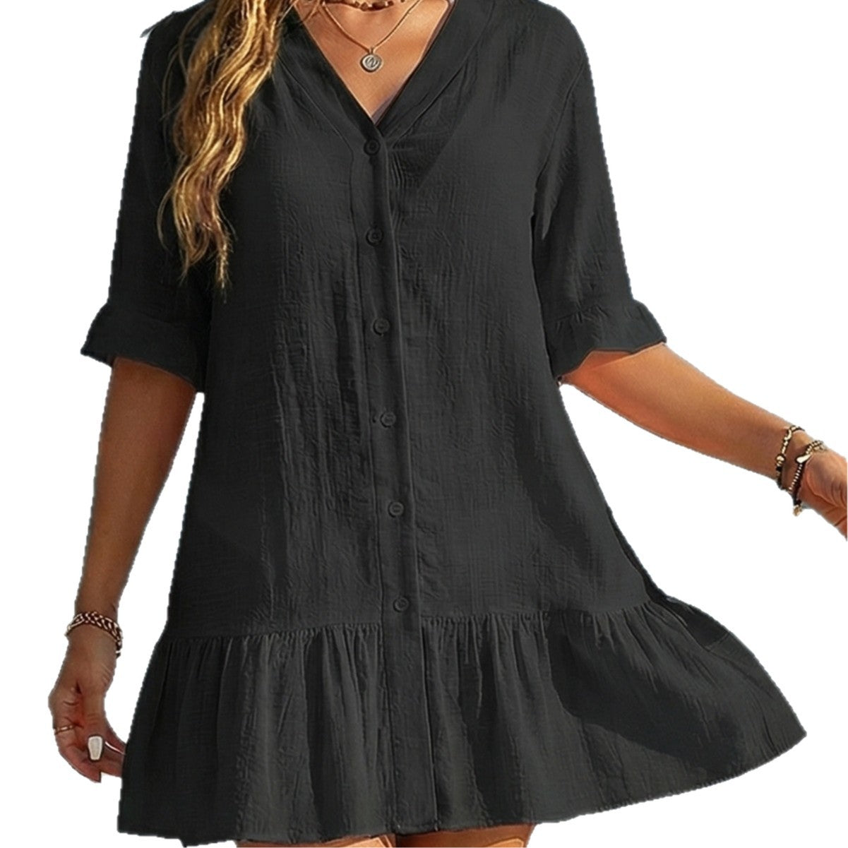 V Neck Button Front Ruffle Hem Beach Cover Up Dress