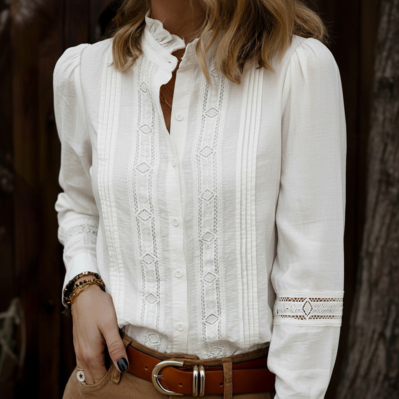 Ruffle Trim Stand Collar White Blouse Long Sleeve Top