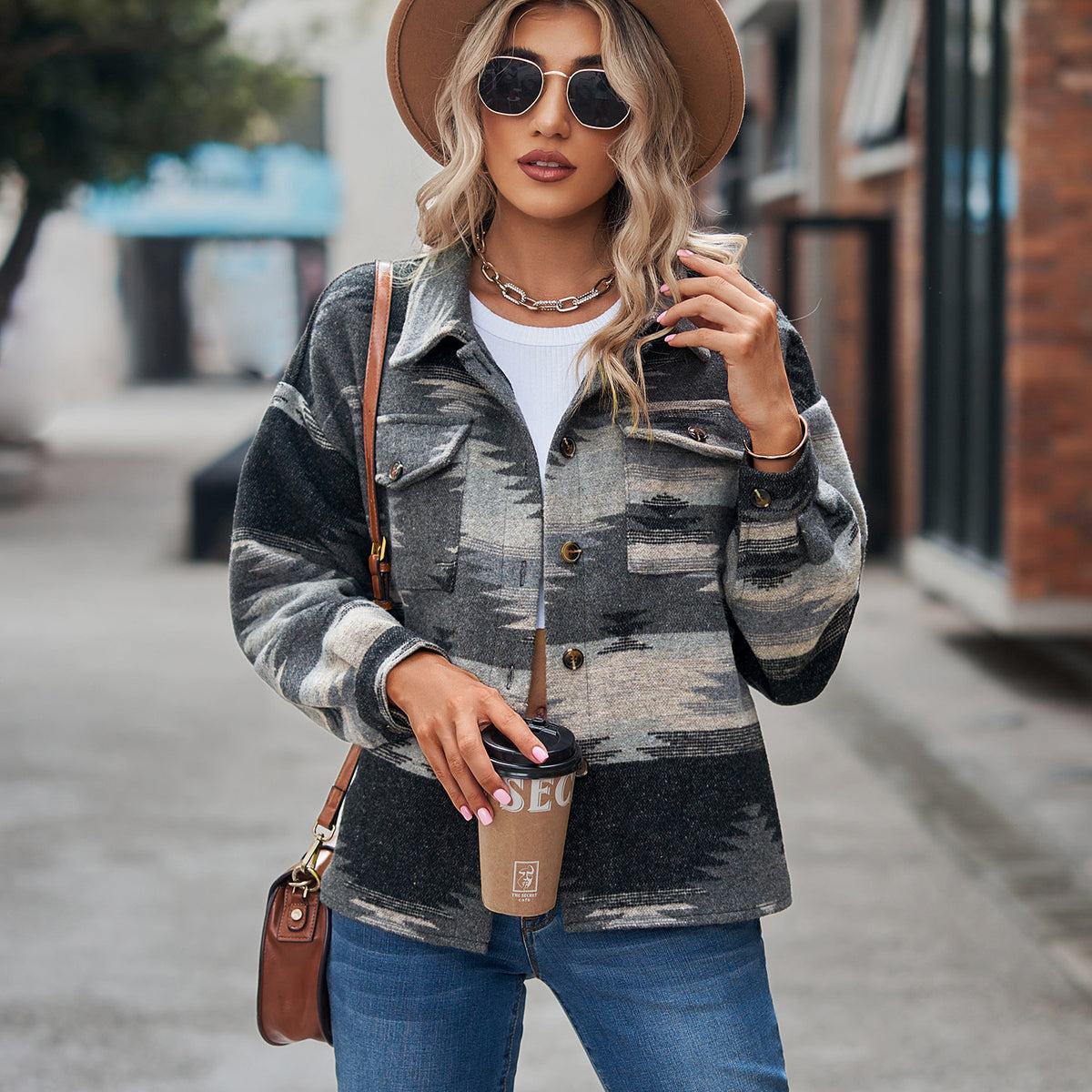 Women's Aztec Cropped Shacket Oversized