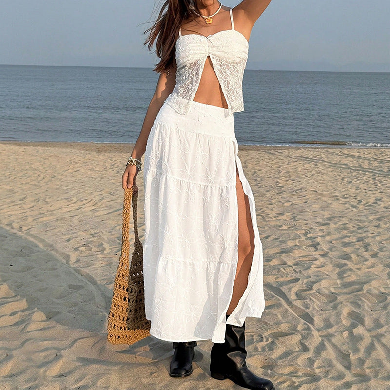 Women High Waist Embroidered Split Maxi Skirt