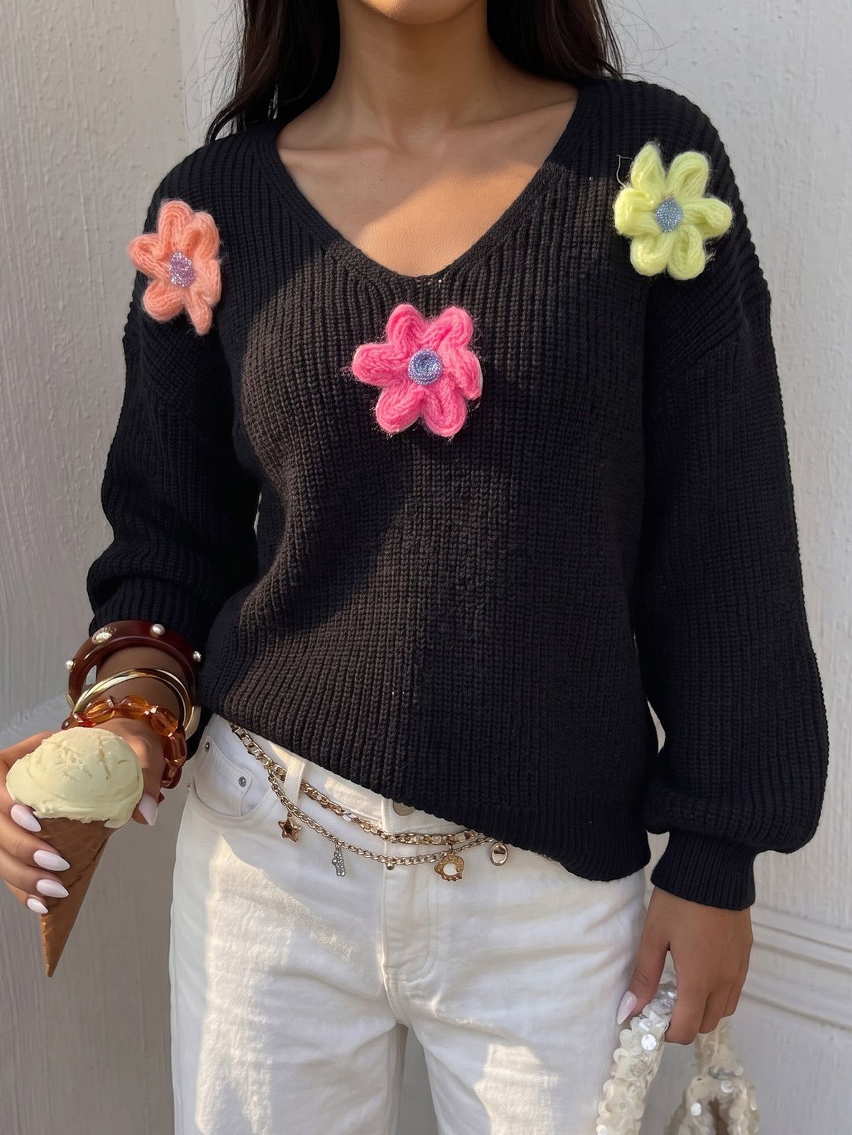 Women's Colorful Chunky Floral V Neck Knit Sweater