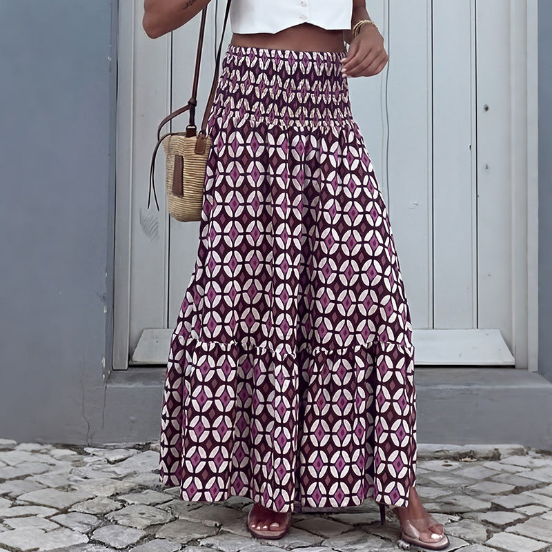 Geometric Chiffon Maxi Skirt Boho Smocked Tiered