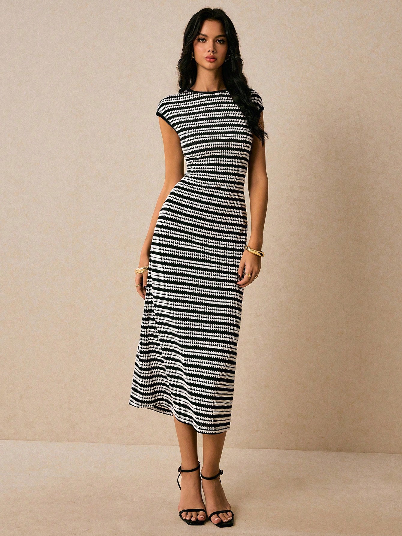 Colorblock Striped Knit Short Sleeve Bodycon Maxi Dress