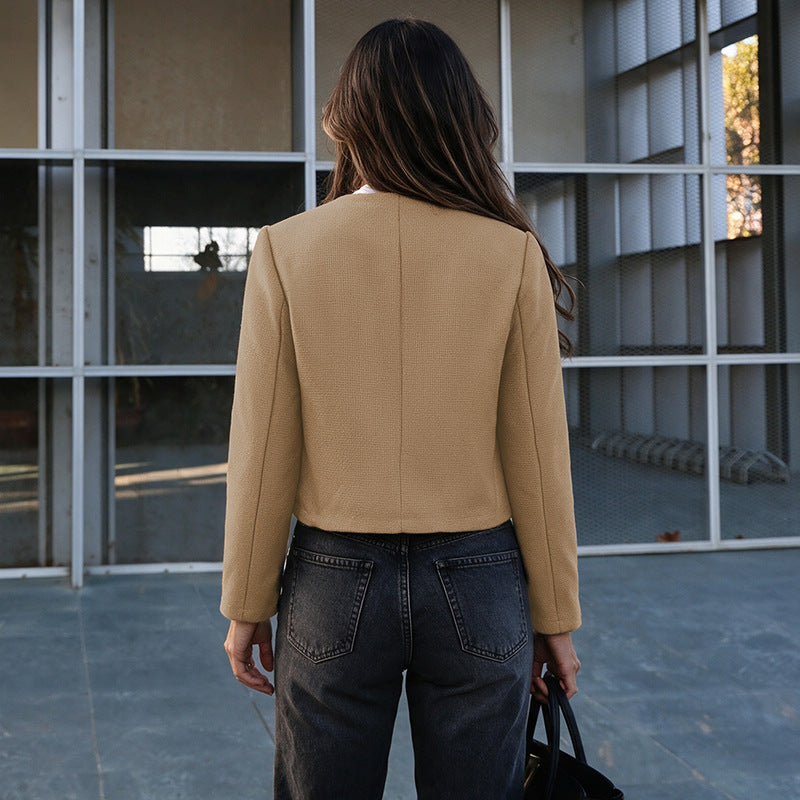 Cropped Tweed Blazer Collarless with Pockets