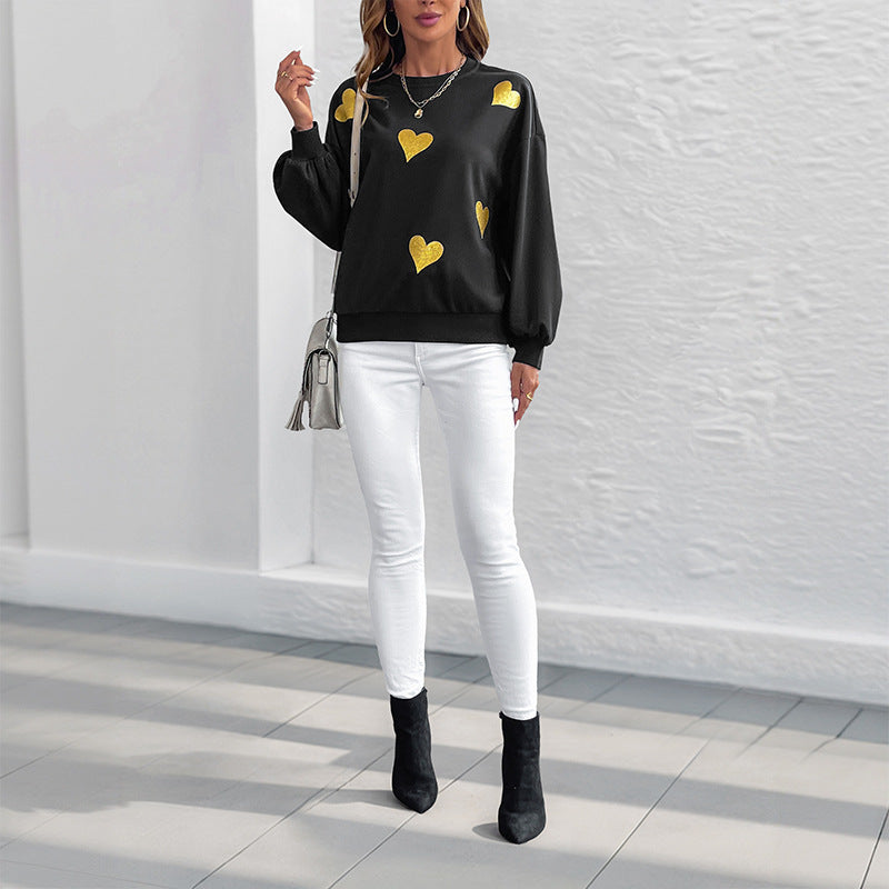 Black Gold Heart Print Long Sleeve Casual Sweatshirt