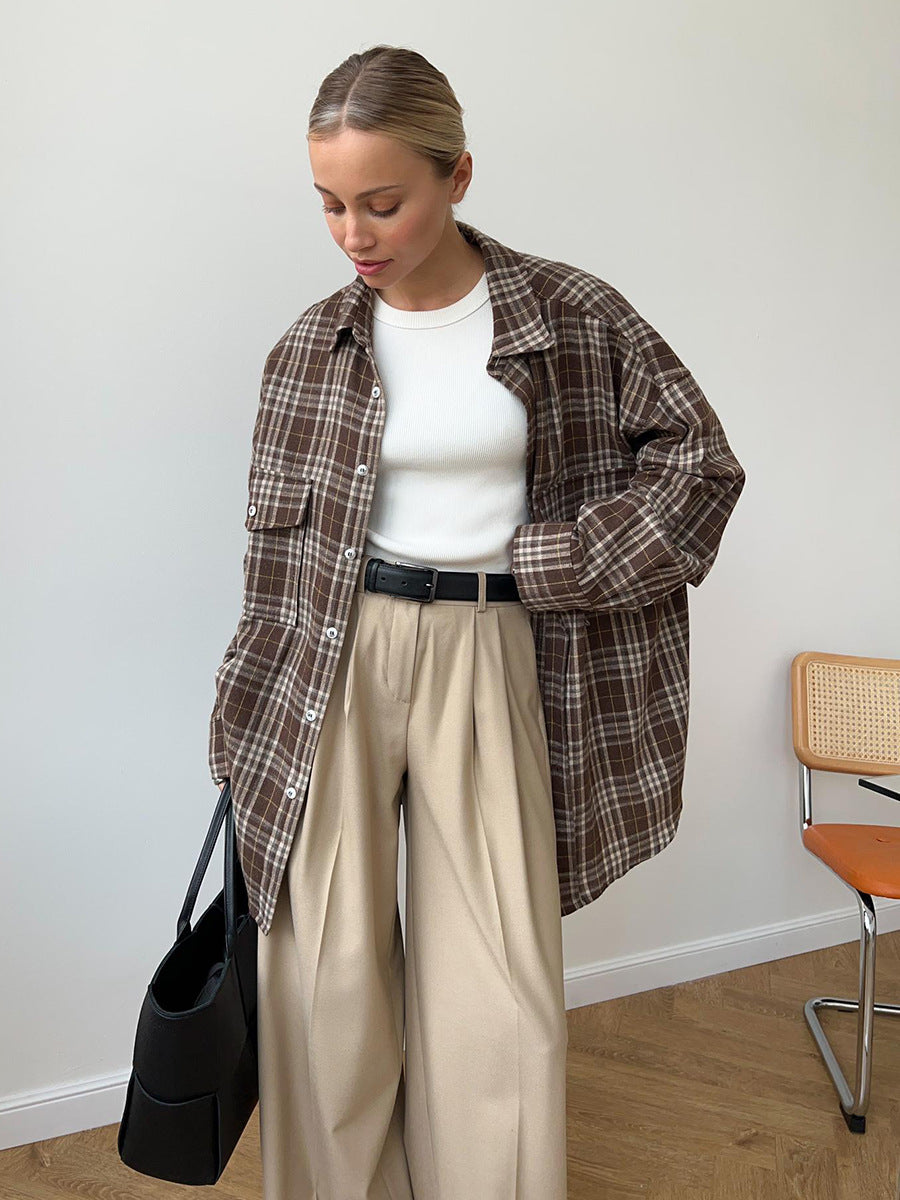 Plaid Button-Down Shirt with Flap Pockets  Oversized Fit