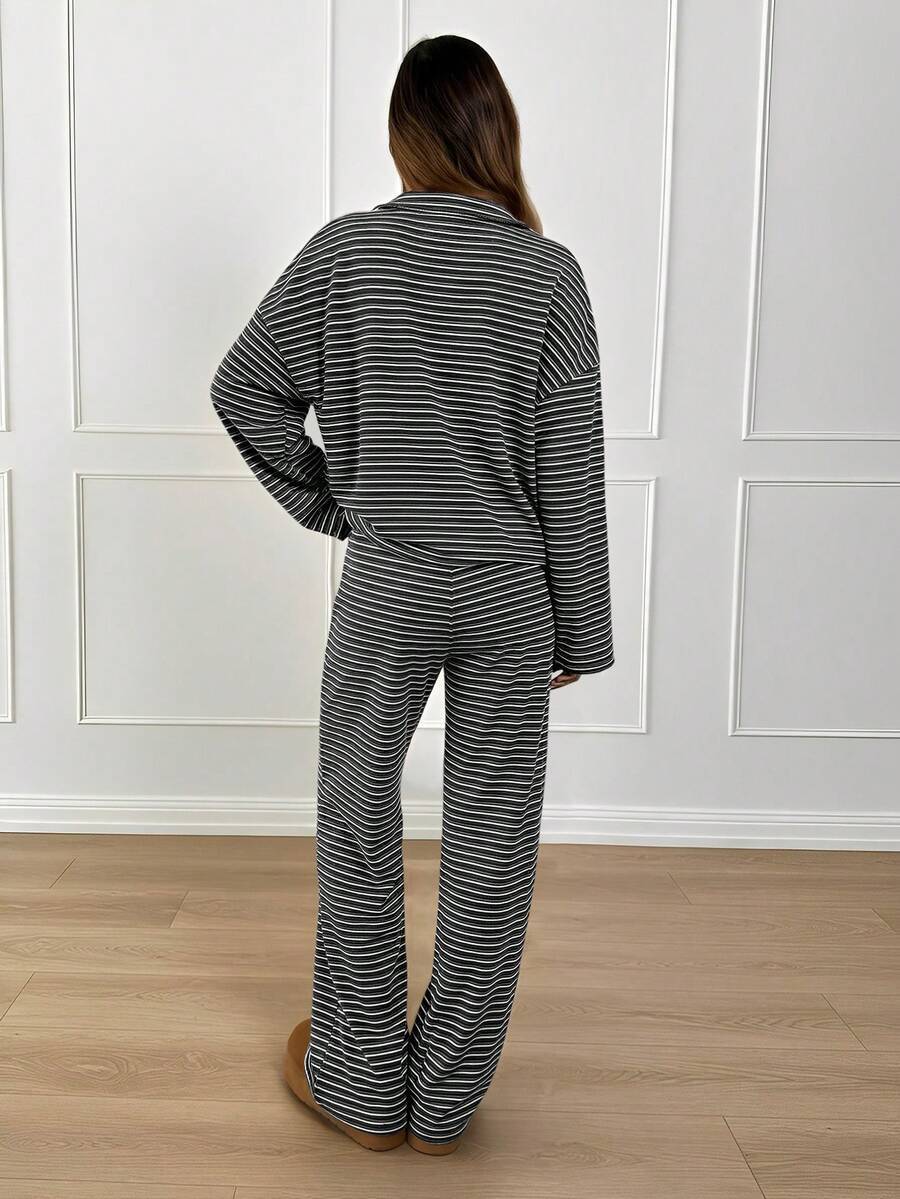 Striped Lounge Set Casual Collared Pullover Wide Leg Pants