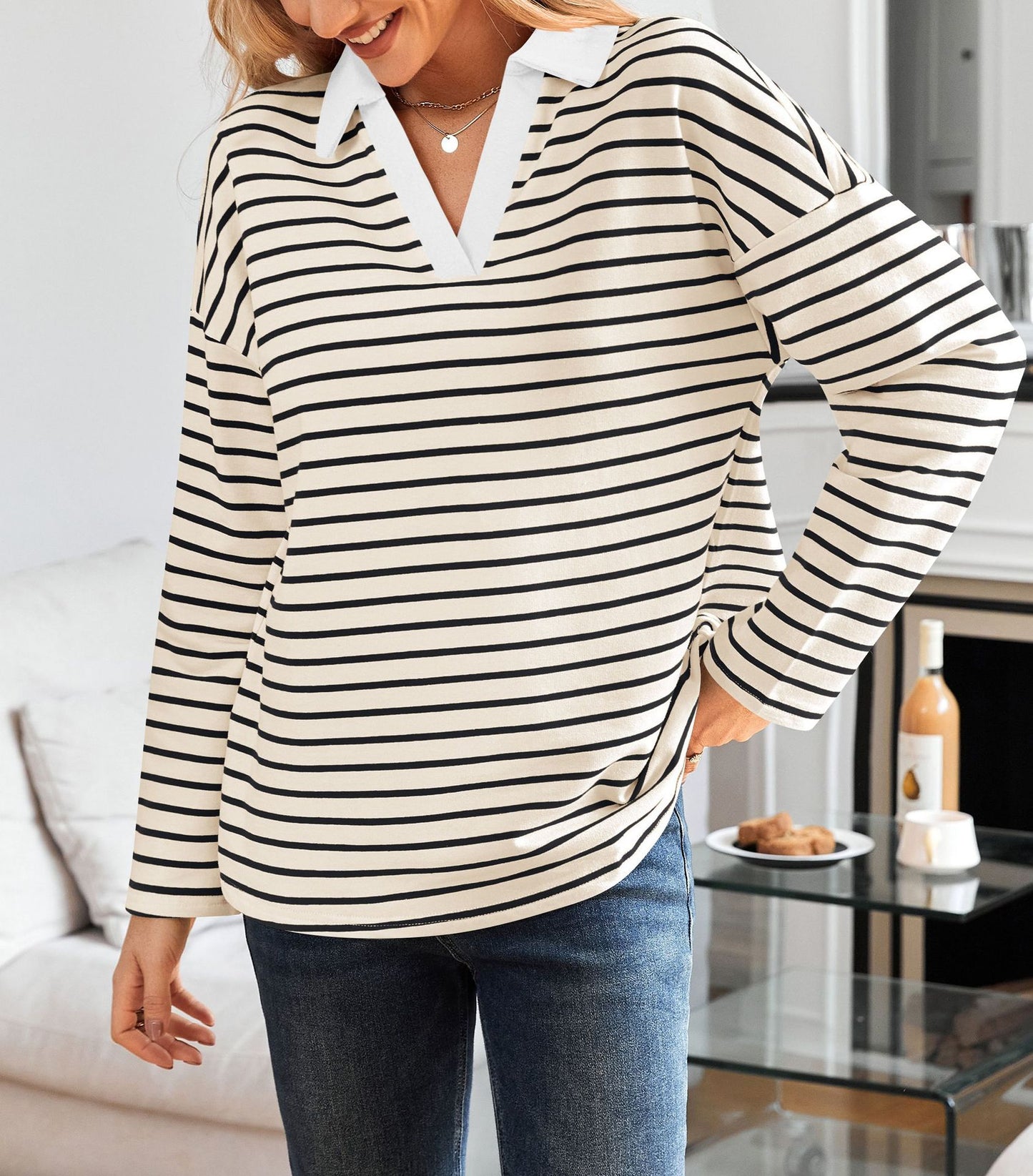 Striped V-neck Loose Sweatshirt Lapel Sweater