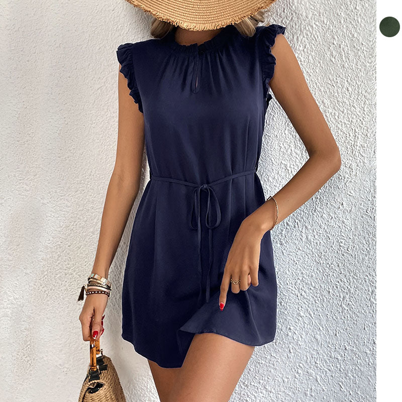 Ruffle Sleeve Tie Waist Mini Dress Solid Color