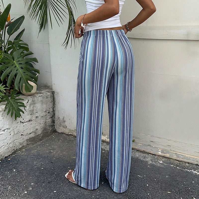 Striped Wide Leg Pants Boho Drawstring Casual Summer