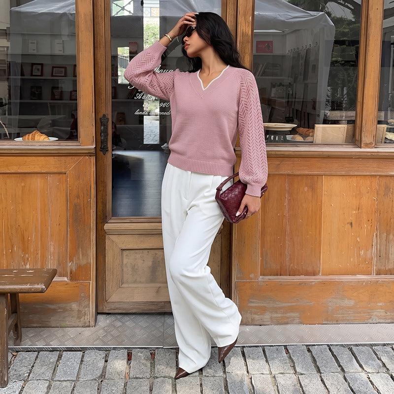Solid Knit Sweater V Neck Pointelle Sleeve Slim Fit