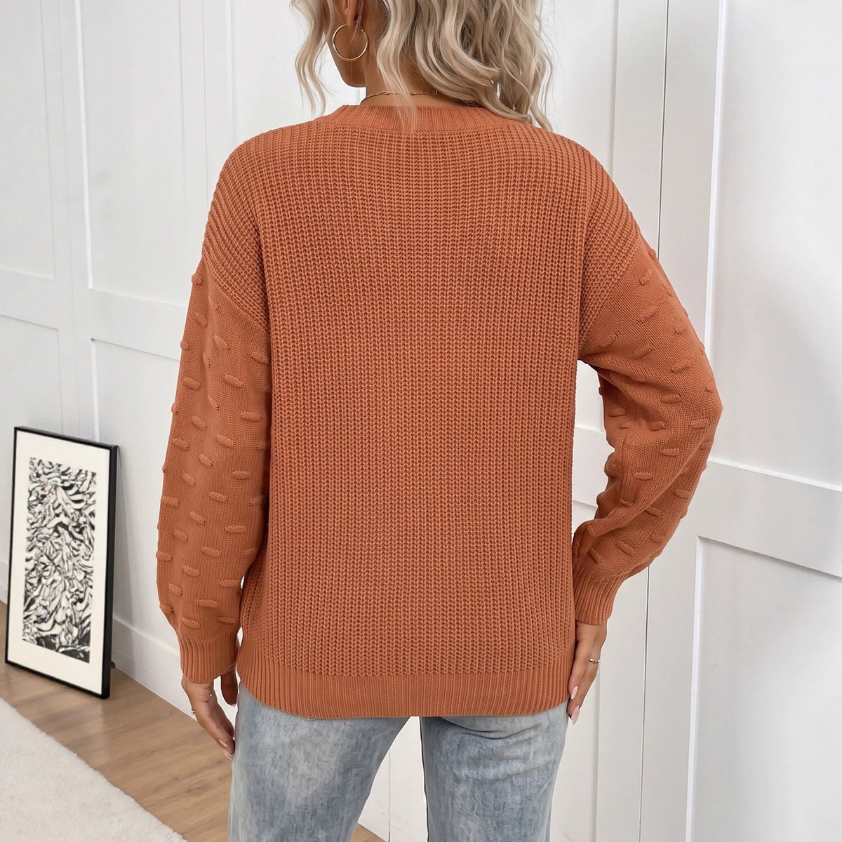 Women's Crewneck Bobble Sleeve Knit Sweater