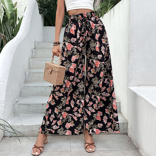 Black Tropical Floral Elastic Waist Beach Pants
