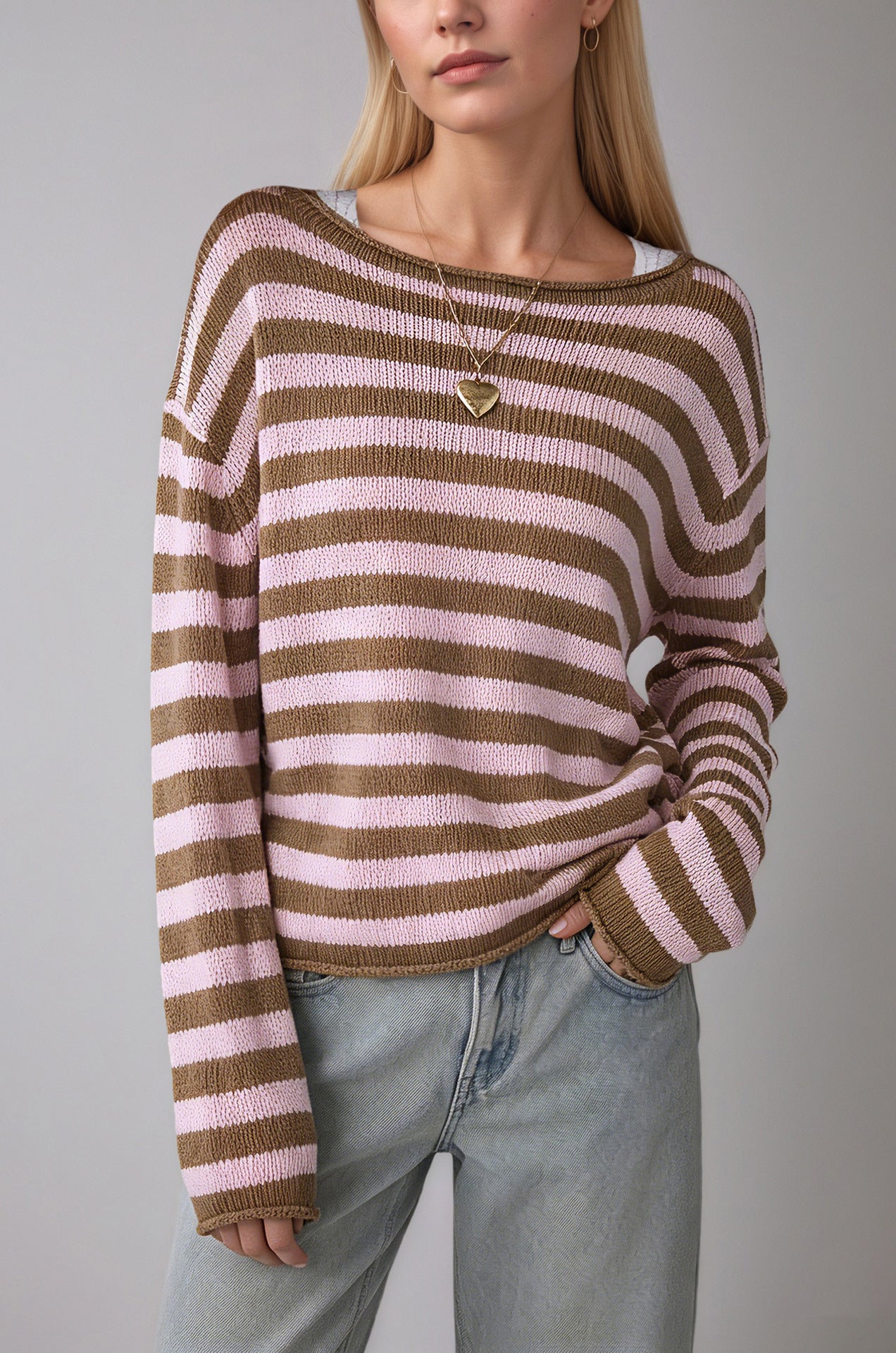 Striped Oversized Crew Neck Knit Sweater Casual Pullover