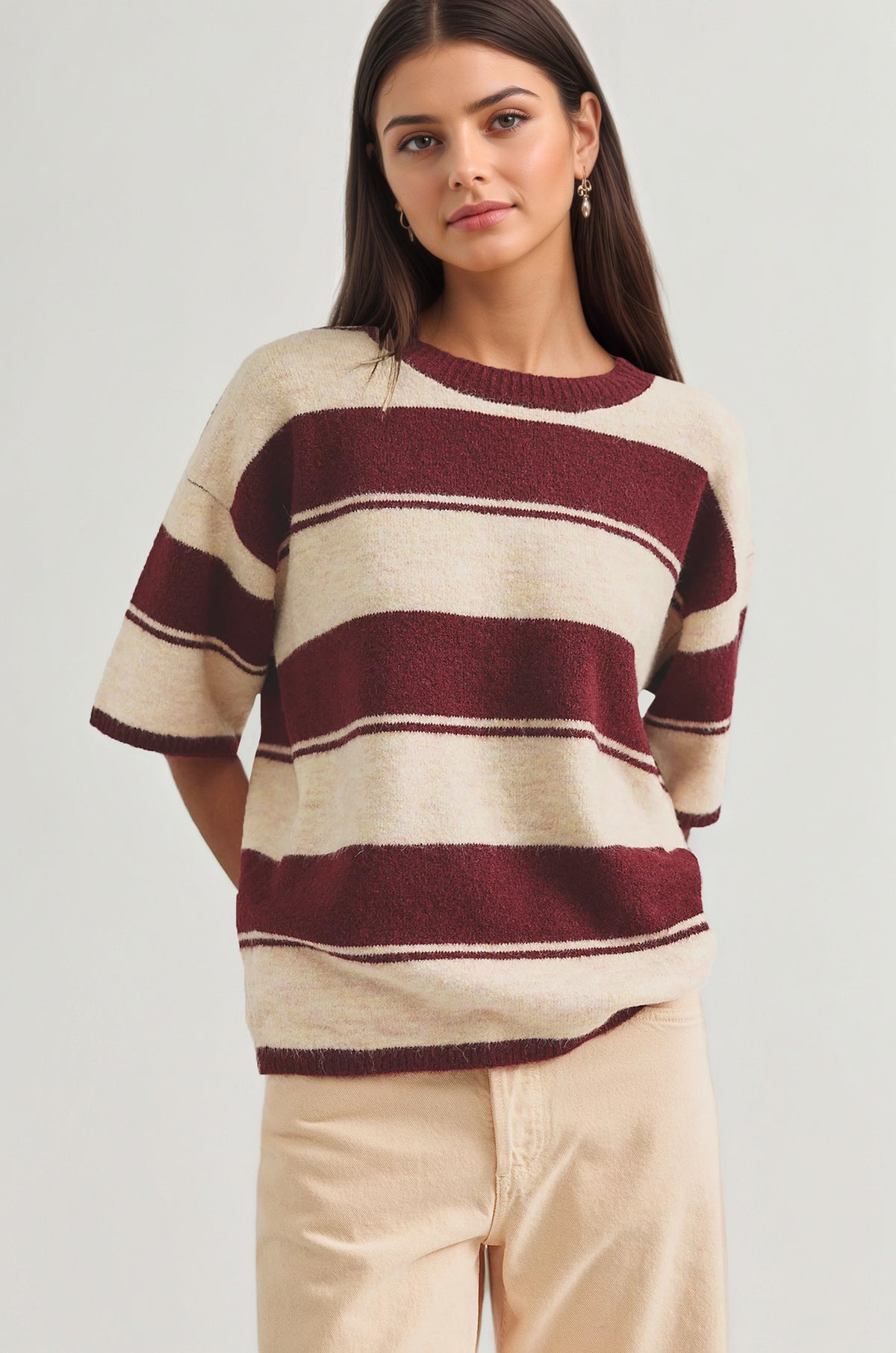 Women's Oversized Striped Crewneck Knit Half Sleeve Sweater