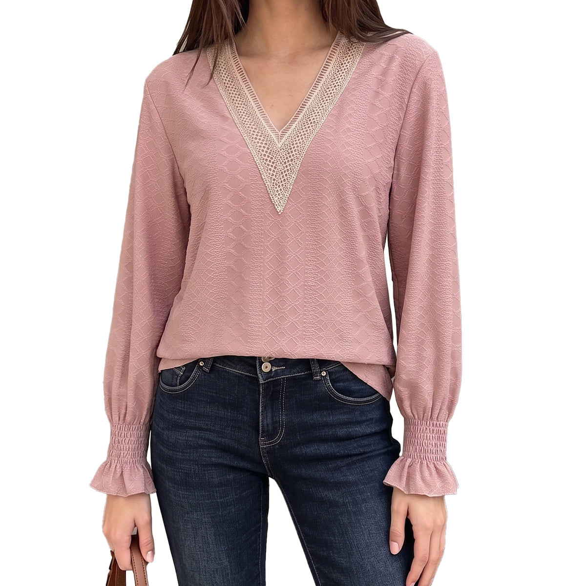 V-Neck Lace Trim Smocked Cuff Long Sleeve Blouse