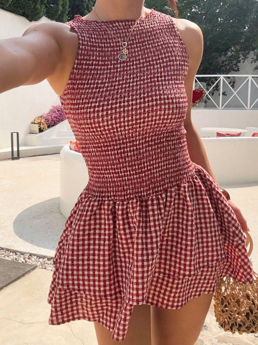 Women’s Smocked Gingham Sleeveless Ruffle Mini Dress