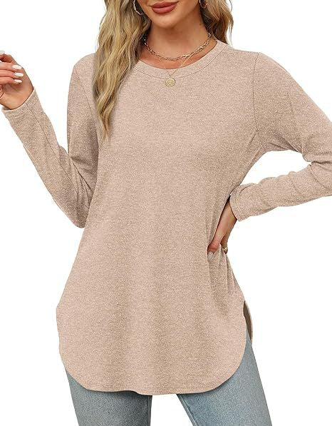 Women's Casual Long Sleeve Tunic Top Round Neck Side Slit