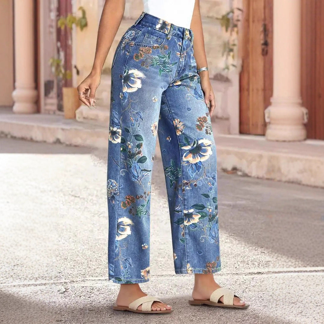 Floral Print Wide Leg High Waist Denim Jeans