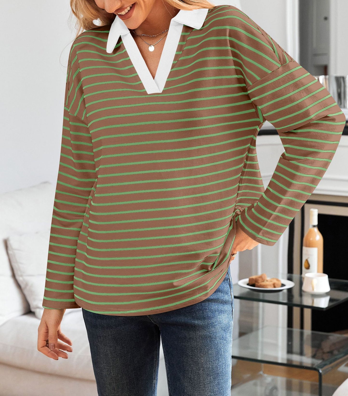 Striped V-neck Loose Sweatshirt Lapel Sweater