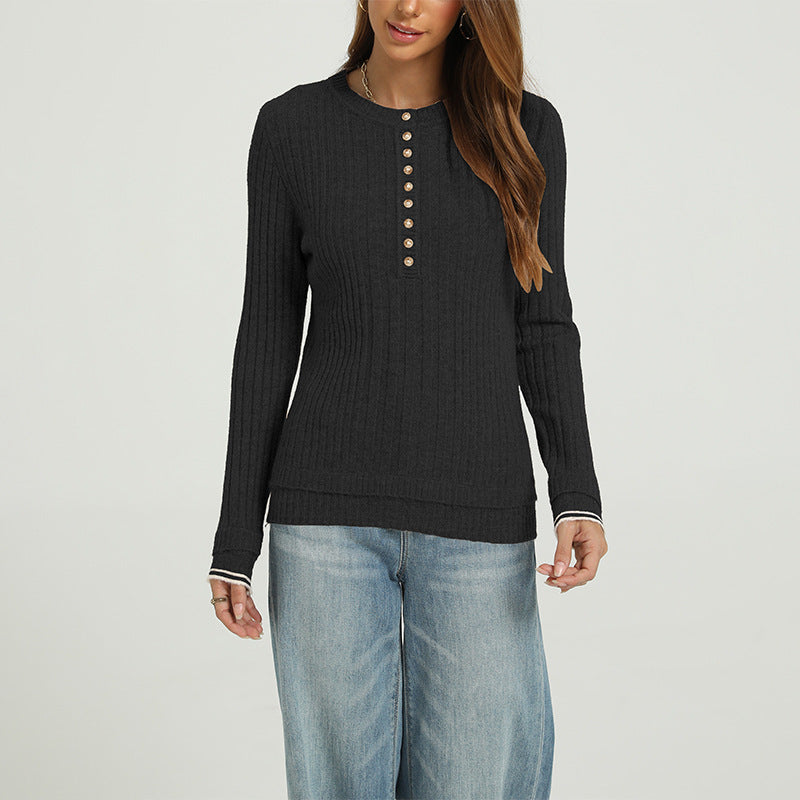 Women's Ribbed Henley Long Sleeve Fitted Sweater