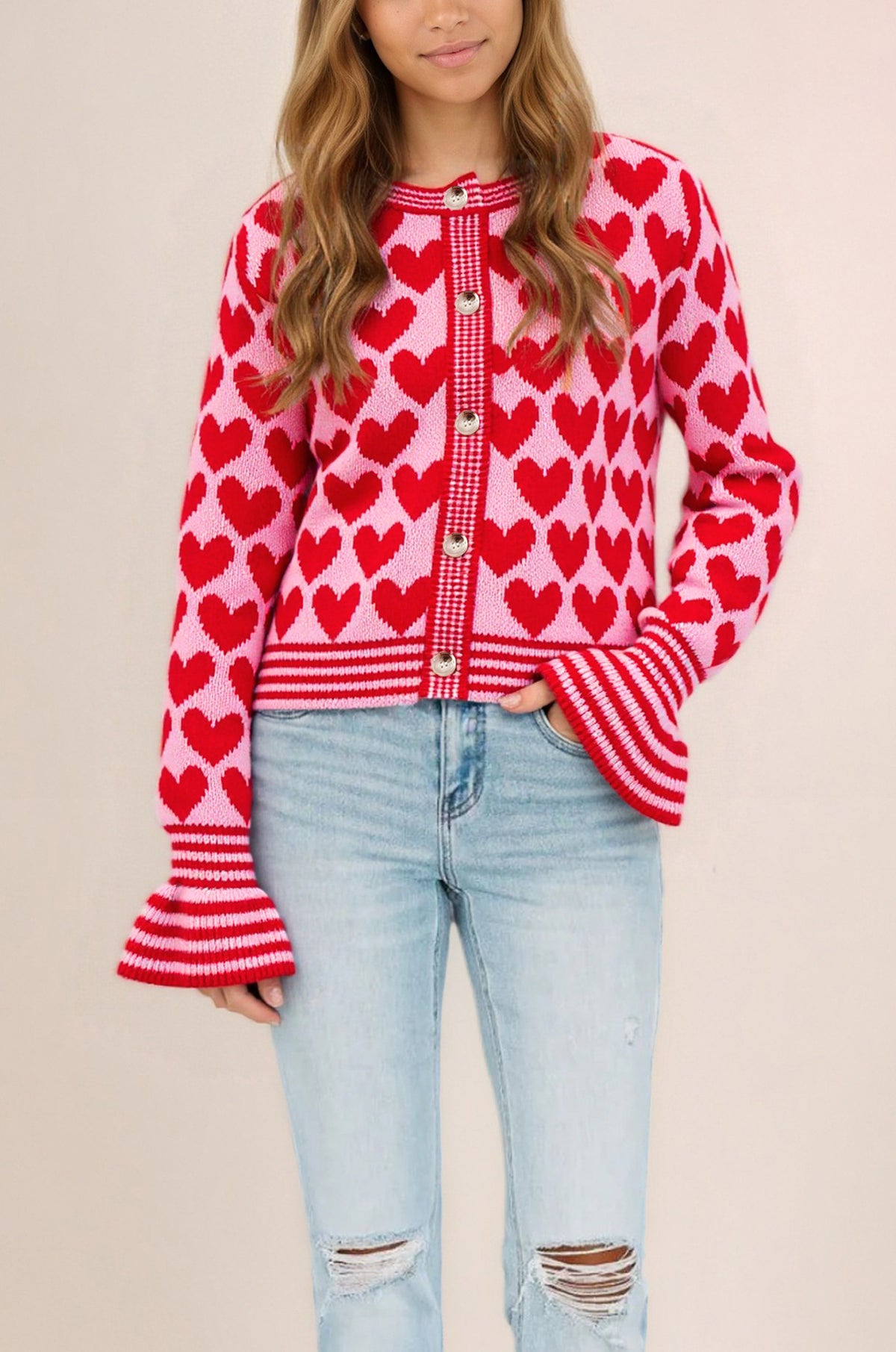 Women's Heart Print Bell Sleeve Knit Cardigan Sweater