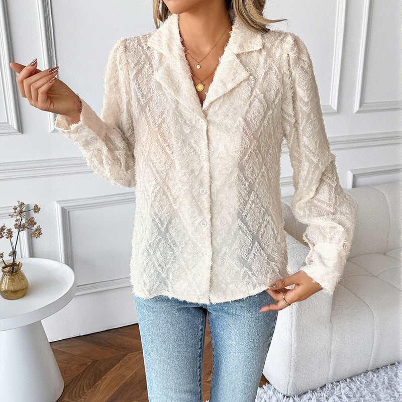 Jacquard Polyester Blouse Elegant Button Front Shirt