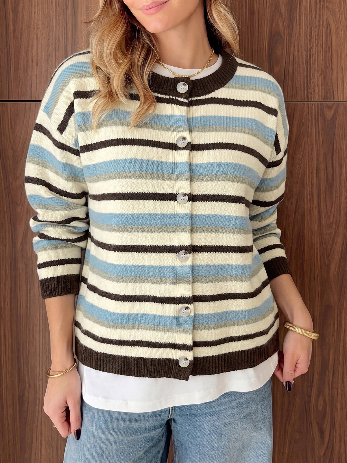 Oversized Striped Crew Neck Button Front Knit Cardigan