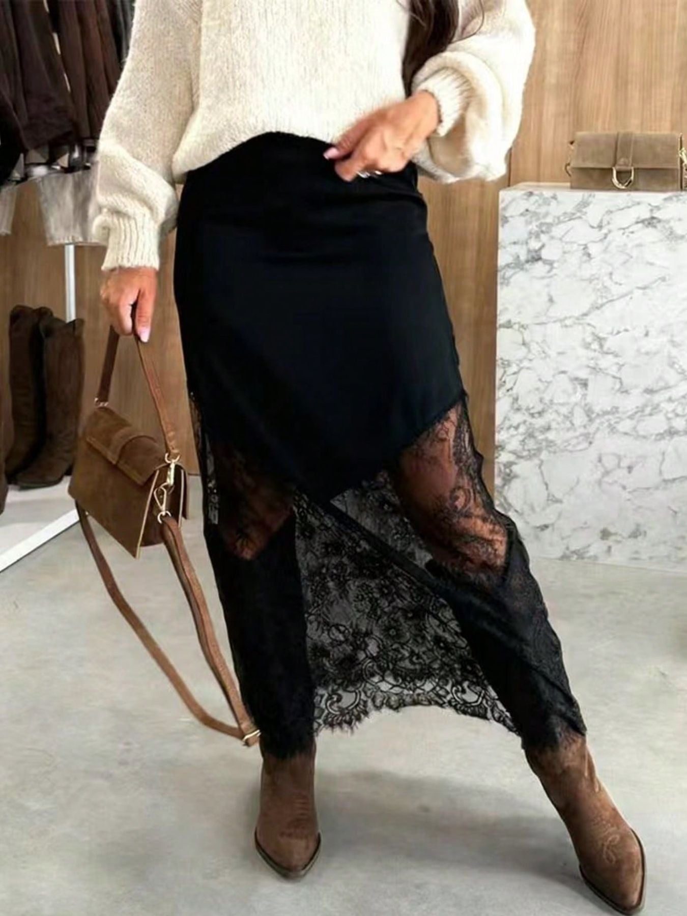 Women’s Satin Lace Patchwork High Waist Midi Skirt