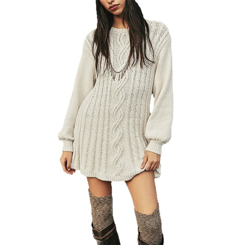 Cable Knit Crew Neck Long Sleeve Sweater Dress
