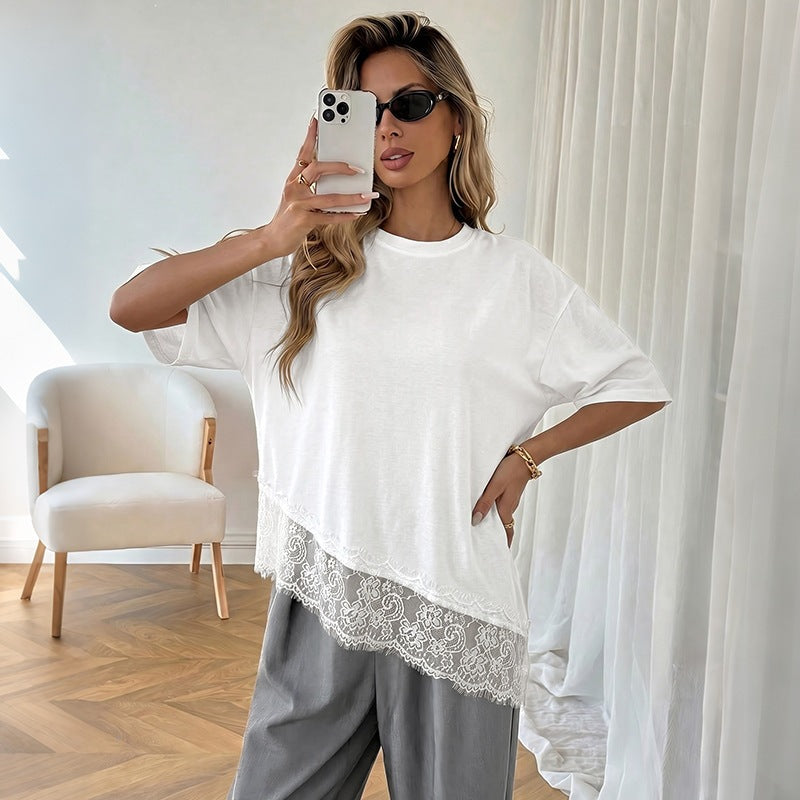 Women's White Lace Hem Loose Casual Short Sleeve Tee