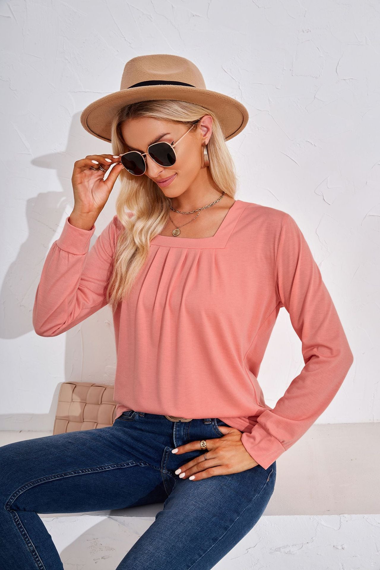 Women's Square Neck Pleated Long Sleeve Tunic Top