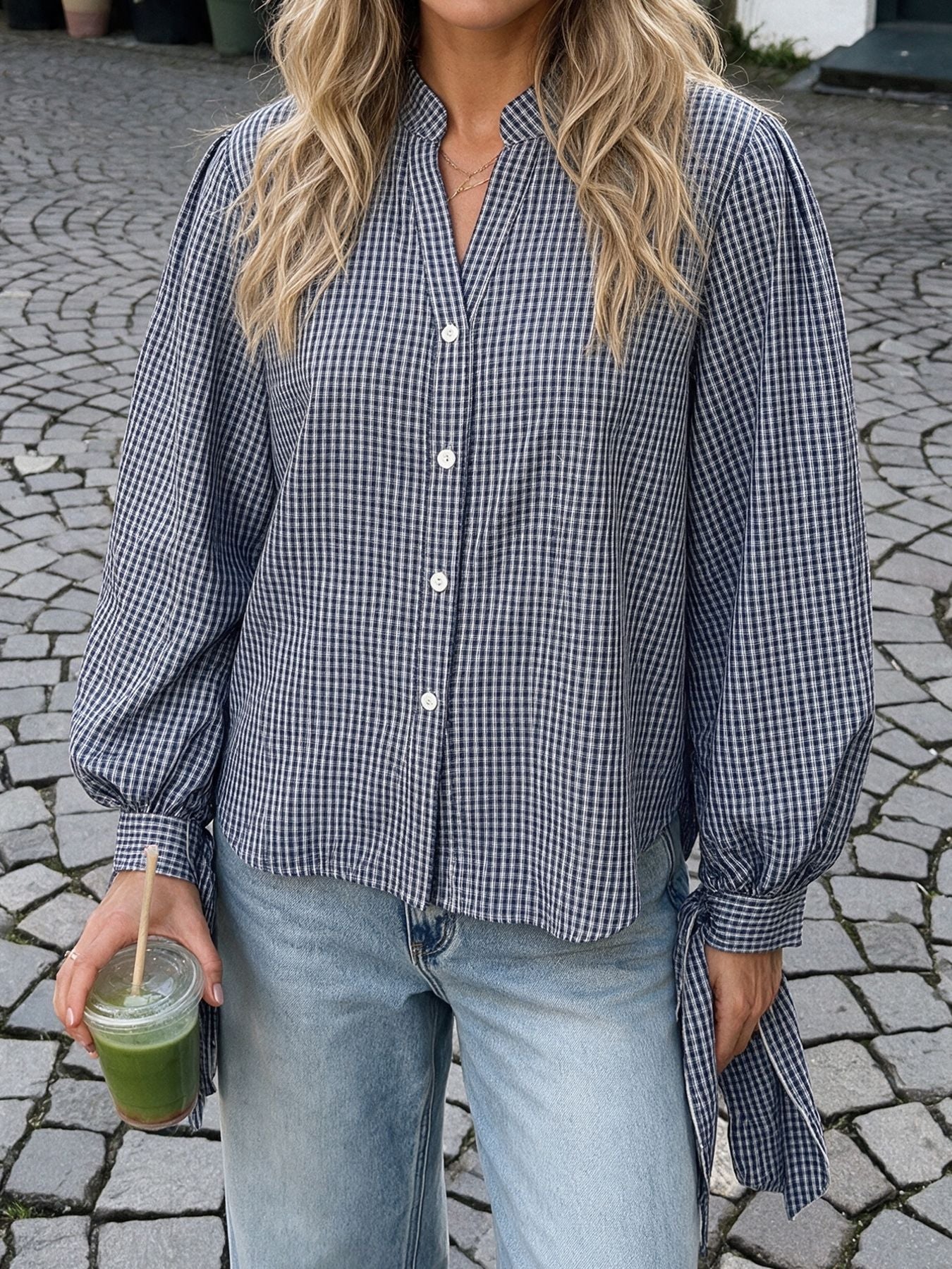Gingham V Neck Split Hem Relaxed Button Down Shirt