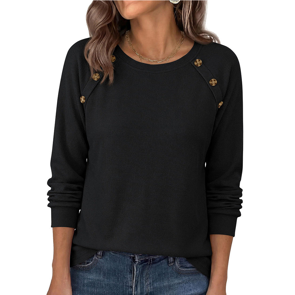 Waffle Knit Button Detail Top Long Sleeve Casual Pullover