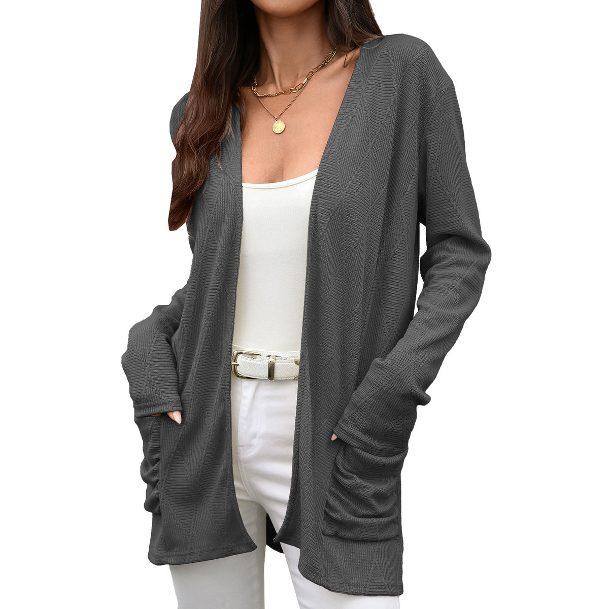 Women's Open Front Knit Cardigan Long Sleeve Pockets