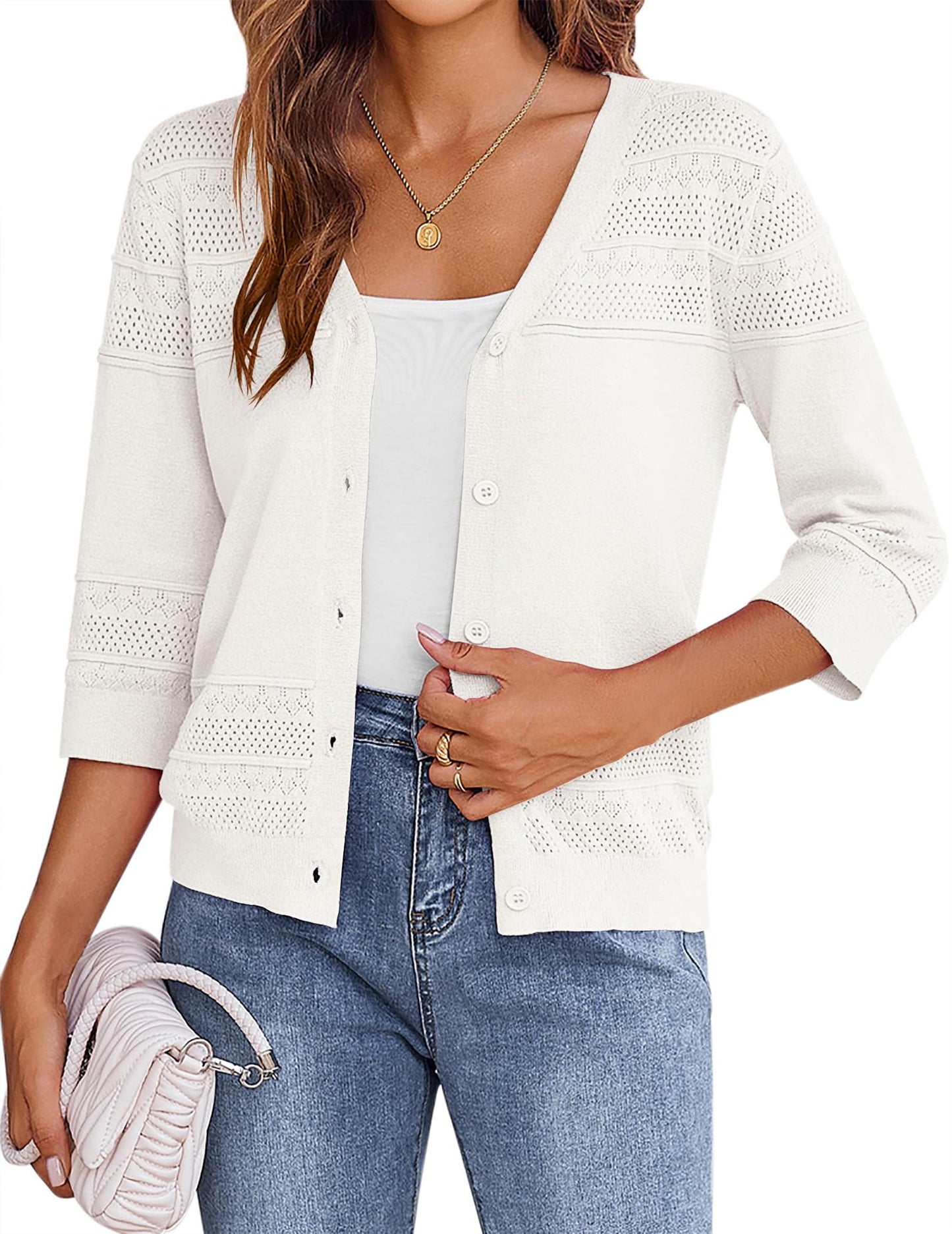 Lace Pattern V Neck Button Front Summer Sweater