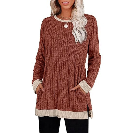 Color Block Ribbed Tunic Top Long Sleeve Pocket Side Slit